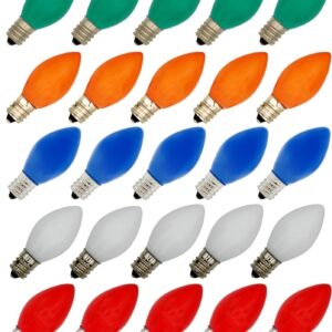 25-Pack C7 Multicolor 7-Watt Christmas Light Bulbs, Ceramic Base, Extended Life