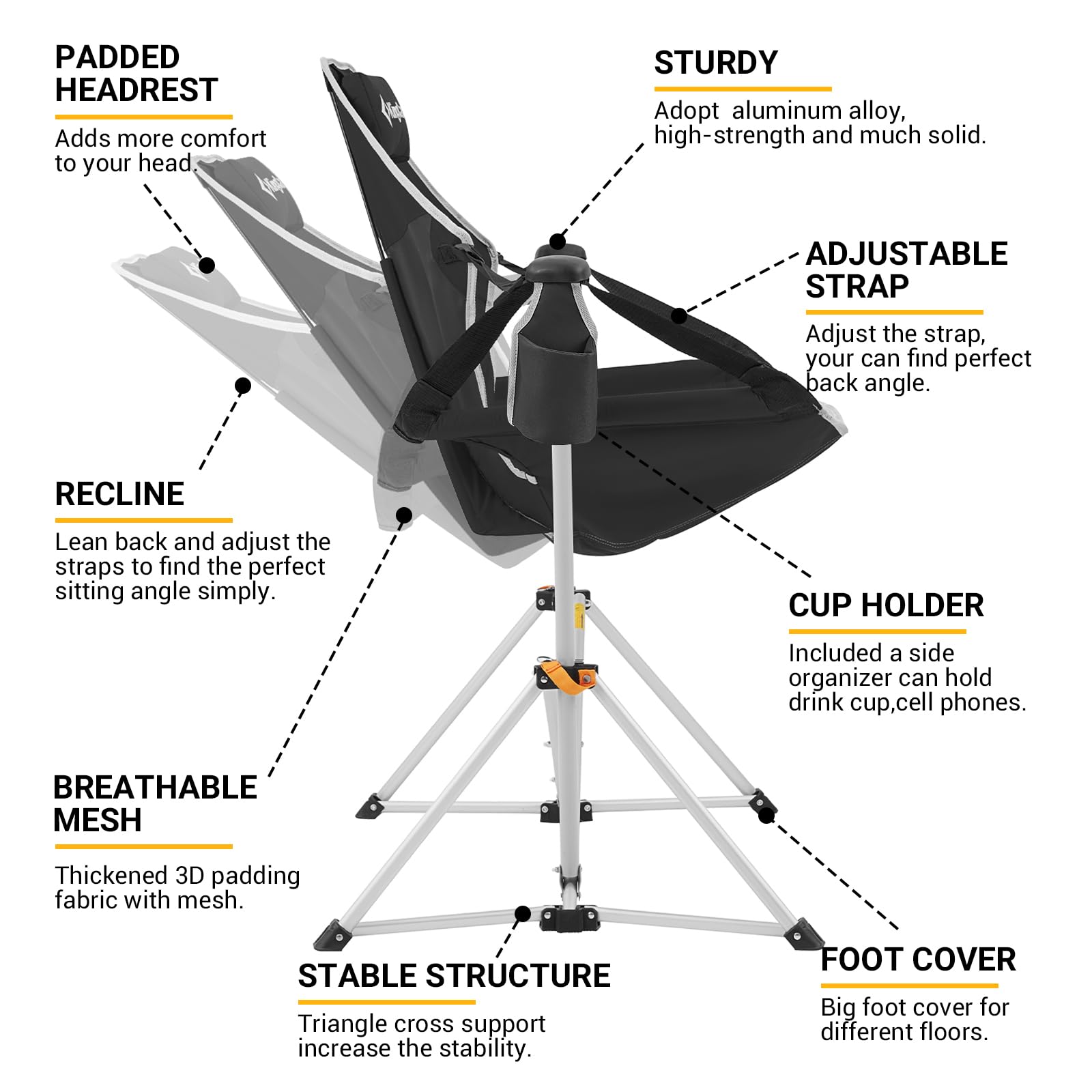 KingCamp Hammock Camping Chair Swinging Rocking Chair for Adults Lawn Beach Camp Outside Portable Folding Chair Hold Up to 264lbs with Adjustable Back Support Carrying Bag Cup Holder