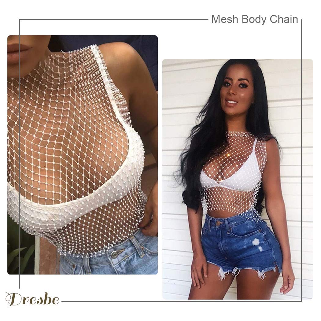 DRESBE Rhinestone Mesh Body Chains Hollow Tank Tops Bikini Crop Top Party Body Jewelry Accessories for Women (White-O Neck-M)