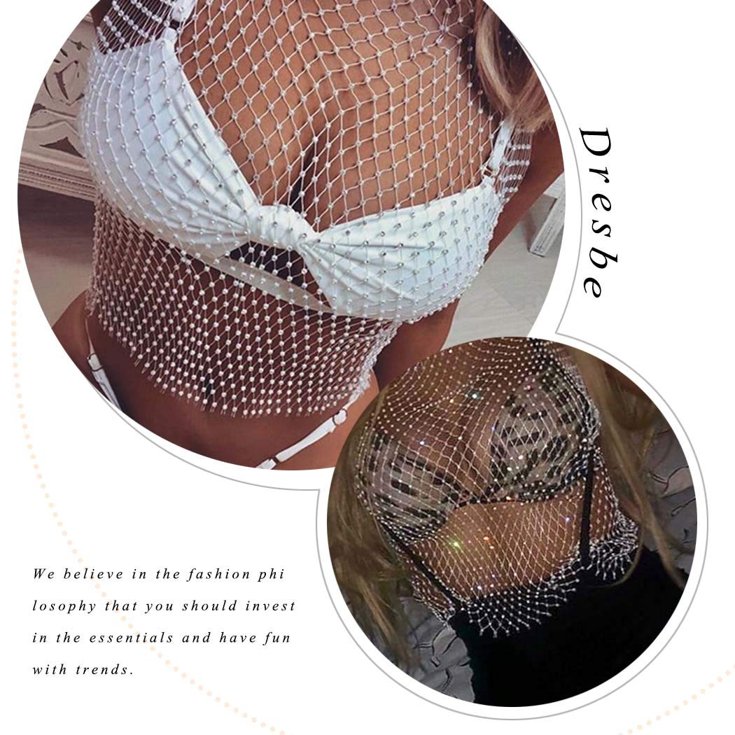 DRESBE Rhinestone Mesh Body Chains Hollow Tank Tops Bikini Crop Top Party Body Jewelry Accessories for Women (White-O Neck-M)