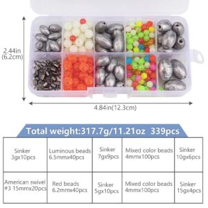 THKFISH Texas and Carolina Fishing Rig Bass Fishing Bullet-Weights for Fishing Sinkers Hooks Rolling Barrel Fishing Swivels Beads Rings Fishing Tackle Kit B2-339pcs