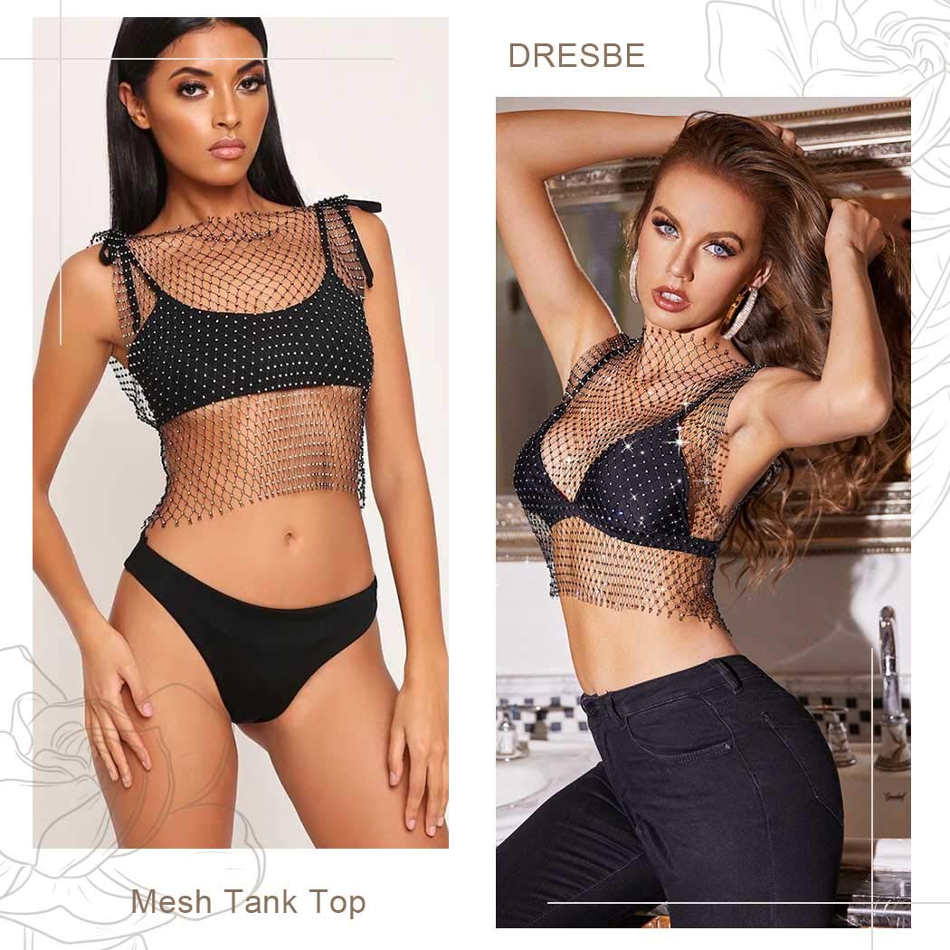 DRESBE Rhinestone Mesh Body Chains Hollow Tank Tops Bikini Crop Top Party Body Jewelry Accessories for Women and Girls (Black-O Neck-L)