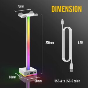 EZDIY-FAB USB LED Light Bar Headphones Stand, Desktop Atmosphere RGB Backlight,50 Built-in Color Modes, Headphone Holder for Gamers Gaming PC PS5 Accessories Desk- White- 1 Pack