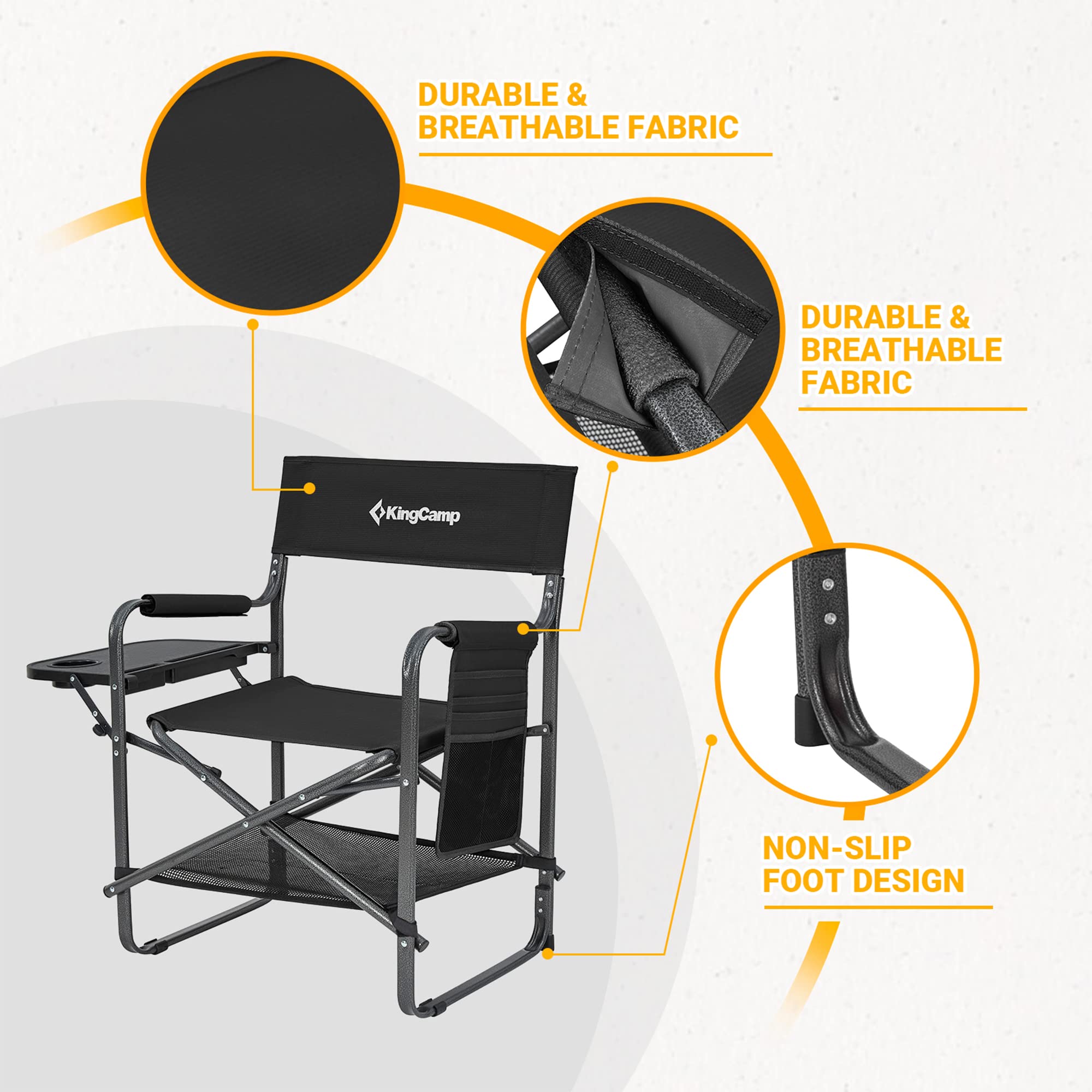 KingCamp Premium Extra Heavy Duty Wide Camping Directors Chairs Supports 300lbs for Adults, Padded Folding Portable Camping Chair with Side Table Storage Pockets Carry Straps, Black