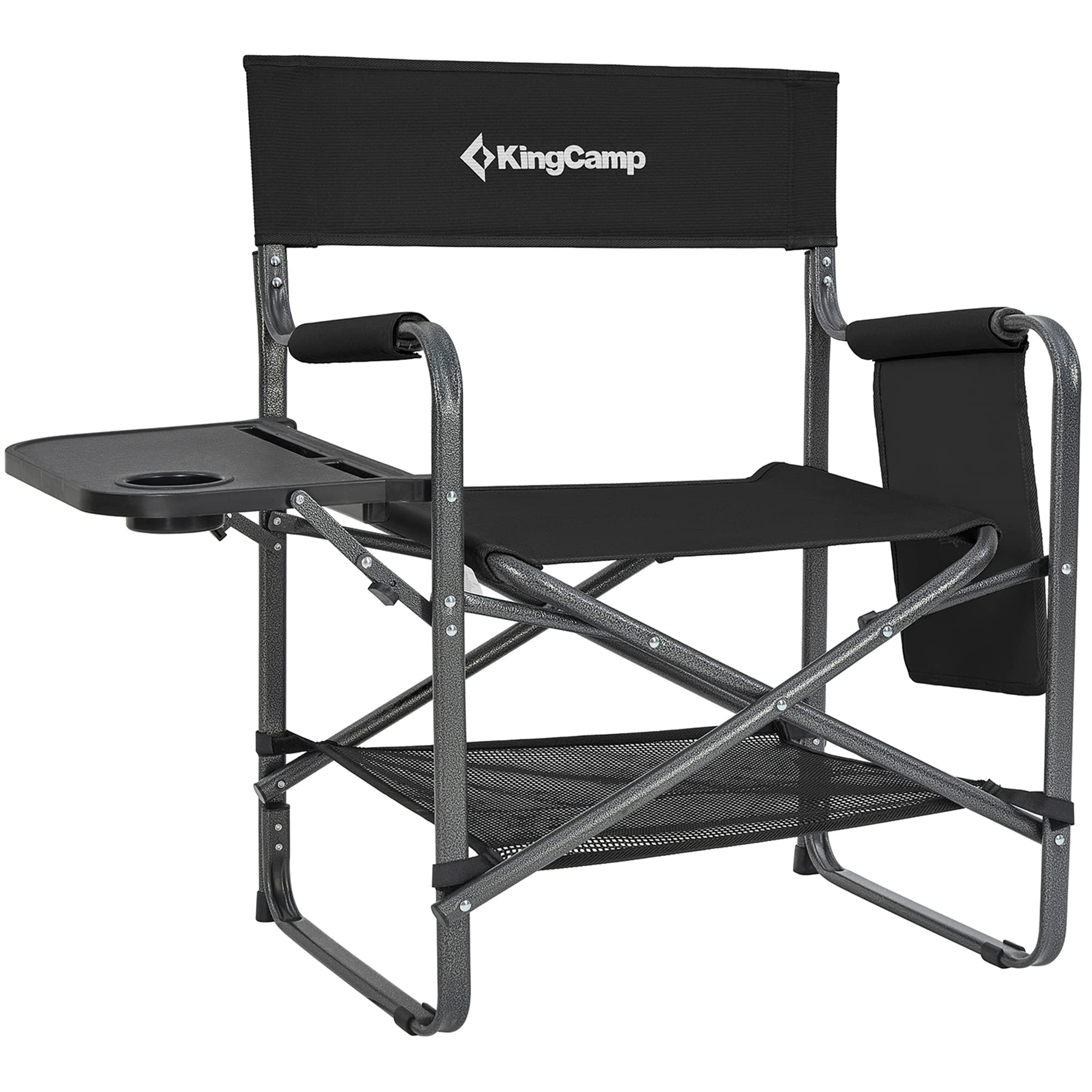 KingCamp Premium Extra Heavy Duty Wide Camping Directors Chairs Supports 300lbs for Adults, Padded Folding Portable Camping Chair with Side Table Storage Pockets Carry Straps, Black