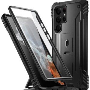 Poetic Revolution Case Compatible with Galaxy S22 Ultra 5G 6.8 inch, Full Body Rugged Shockproof Protective Cover Case with Kickstand, Built-in Screen Protector Work with Fingerprint ID, Black