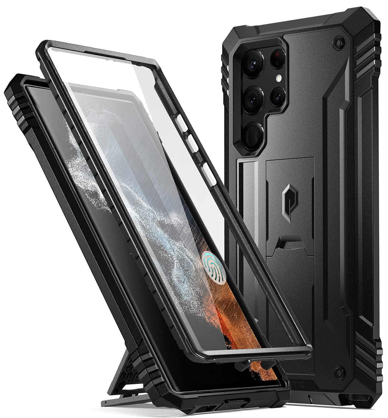 Poetic Revolution Case Compatible with Galaxy S22 Ultra 5G 6.8 inch, Full Body Rugged Shockproof Protective Cover Case with Kickstand, Built-in Screen Protector Work with Fingerprint ID, Black