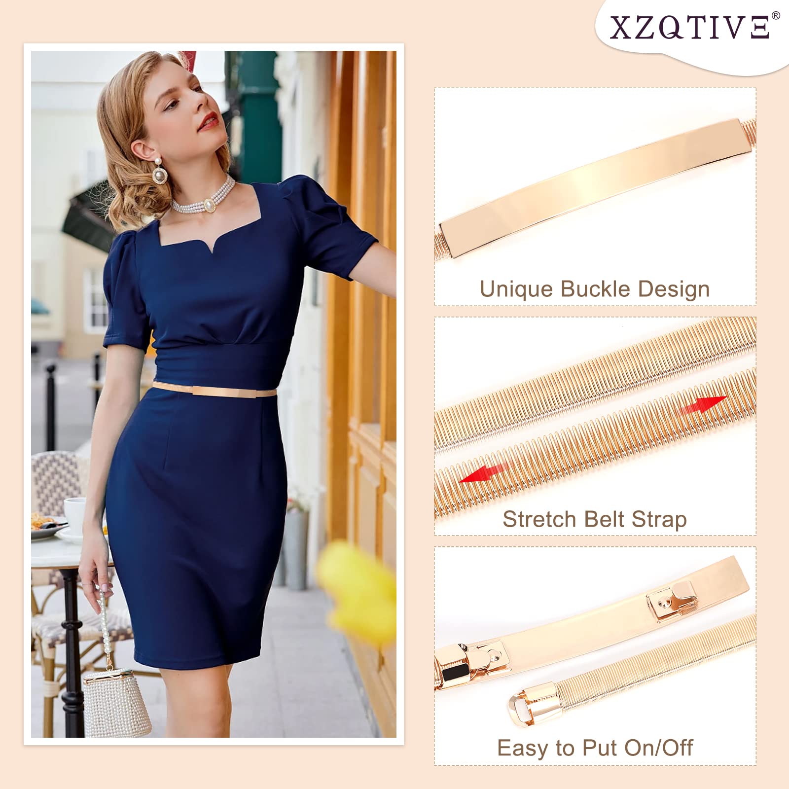 XZQTIVE 2 Pieces Women Skinny Metal Chain Waist Belt Stretchy Saree Cinch Belt for Dress Gold Sliver (00 Gold, Fit waist 30-33 in)