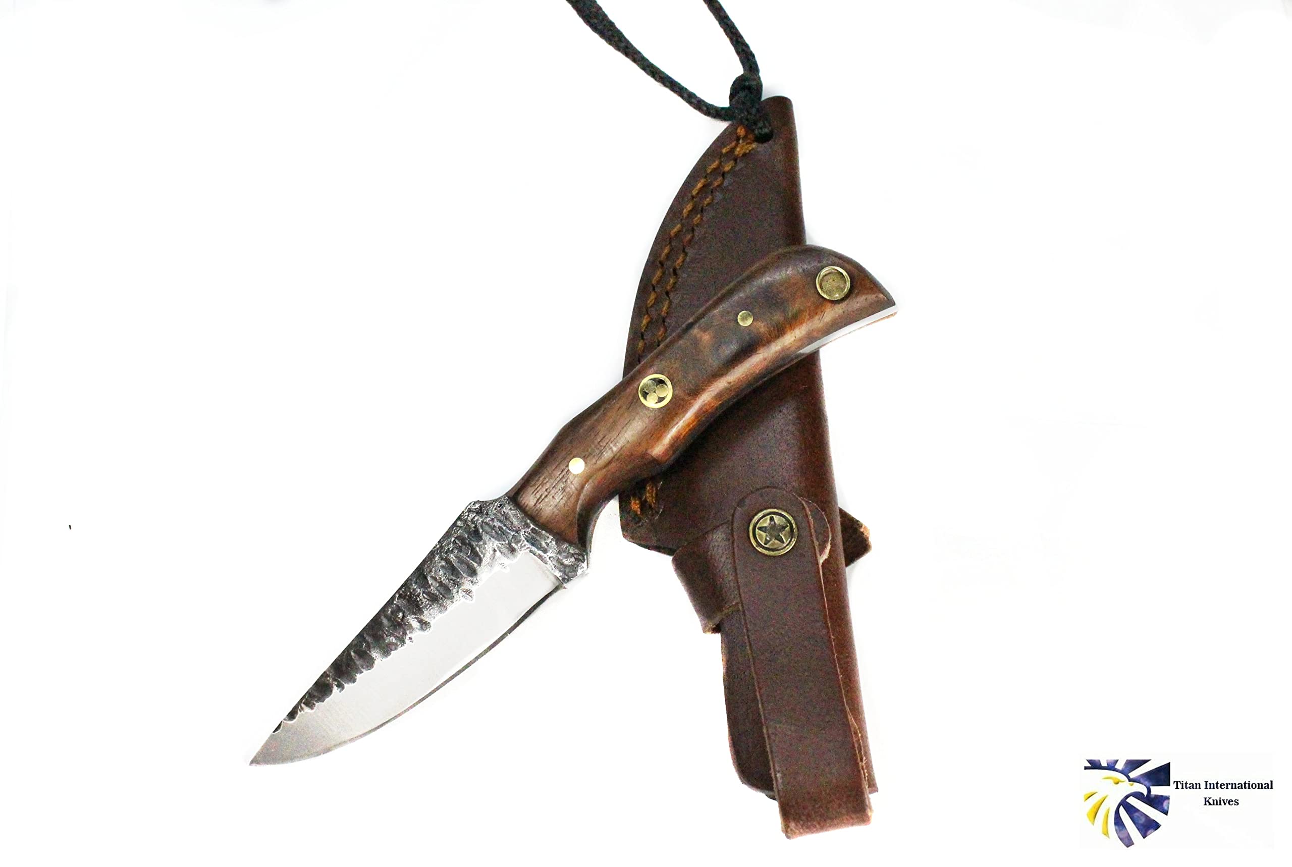 Titan International Knives Handmade Neck Knife Carbon 1080 Steel | Forged Scales Blade Rosewood Handle | Leather Sheath Perfect for Camping and Outdoor Activities