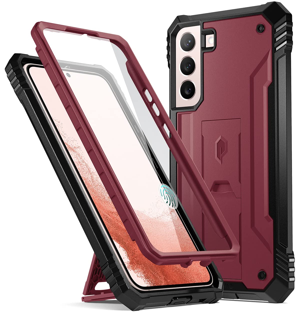 Poetic Revolution Case for Samsung Galaxy S22 5G 6.1 inch, Built-in Screen Protector Work with Fingerprint ID, Full Body Rugged Shockproof Protective Cover Case with Kickstand, Maroon Red