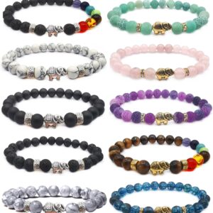 SAMOCO 10PCS 8MM Chakra Bead Bracelet Elephant Gifts for Women Men Handmade Gemstone Bracelets Stretch Bracelet Crystal Lava Rock Reiki Yoga Balancing Bracelets