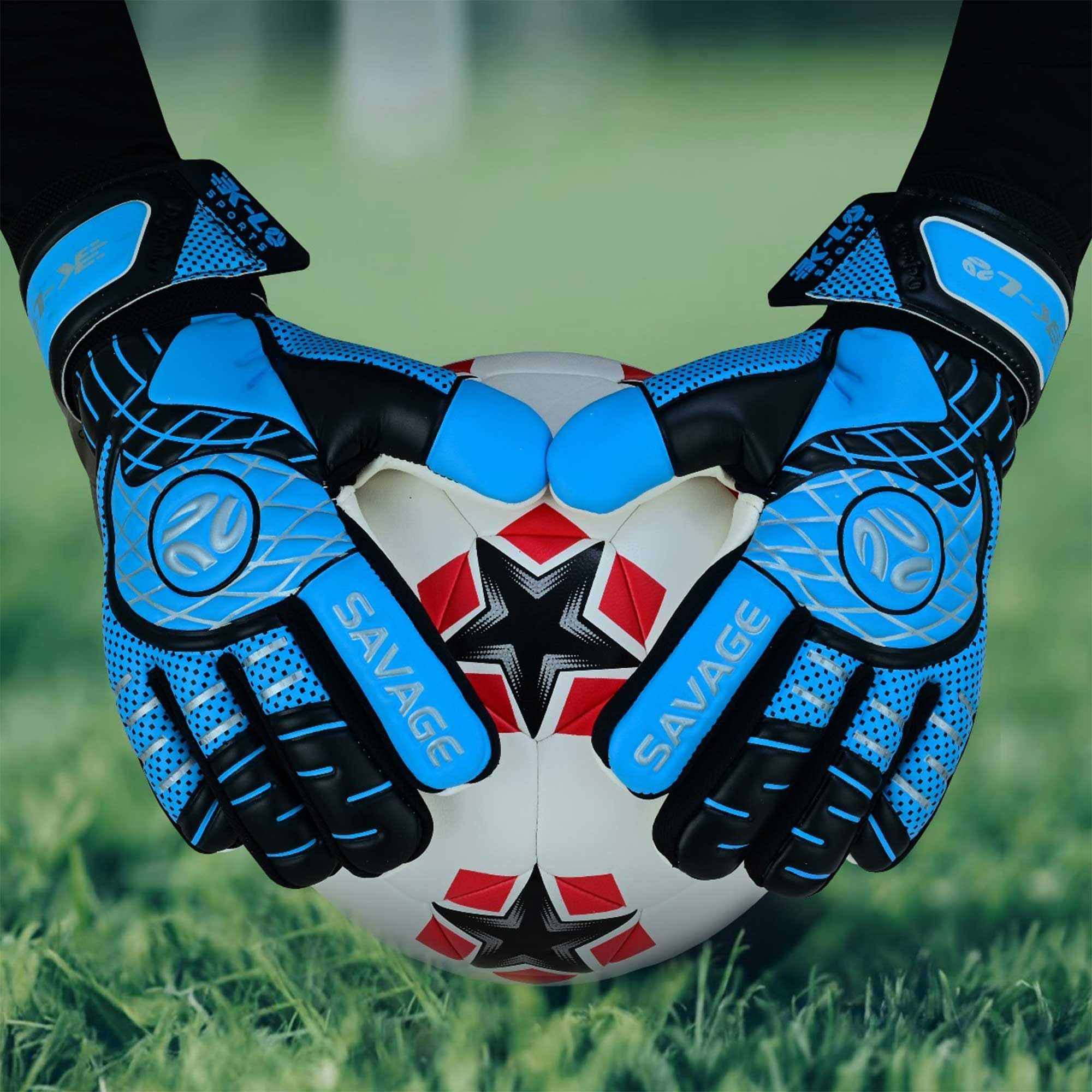 K-LO Goalkeeper Gloves: Savage Rise Soccer Goalie Gloves - Blue Size 8 (Unisex, Youth, Kids & Adult) - Fingersaves for Protection | Strong Grip Palm