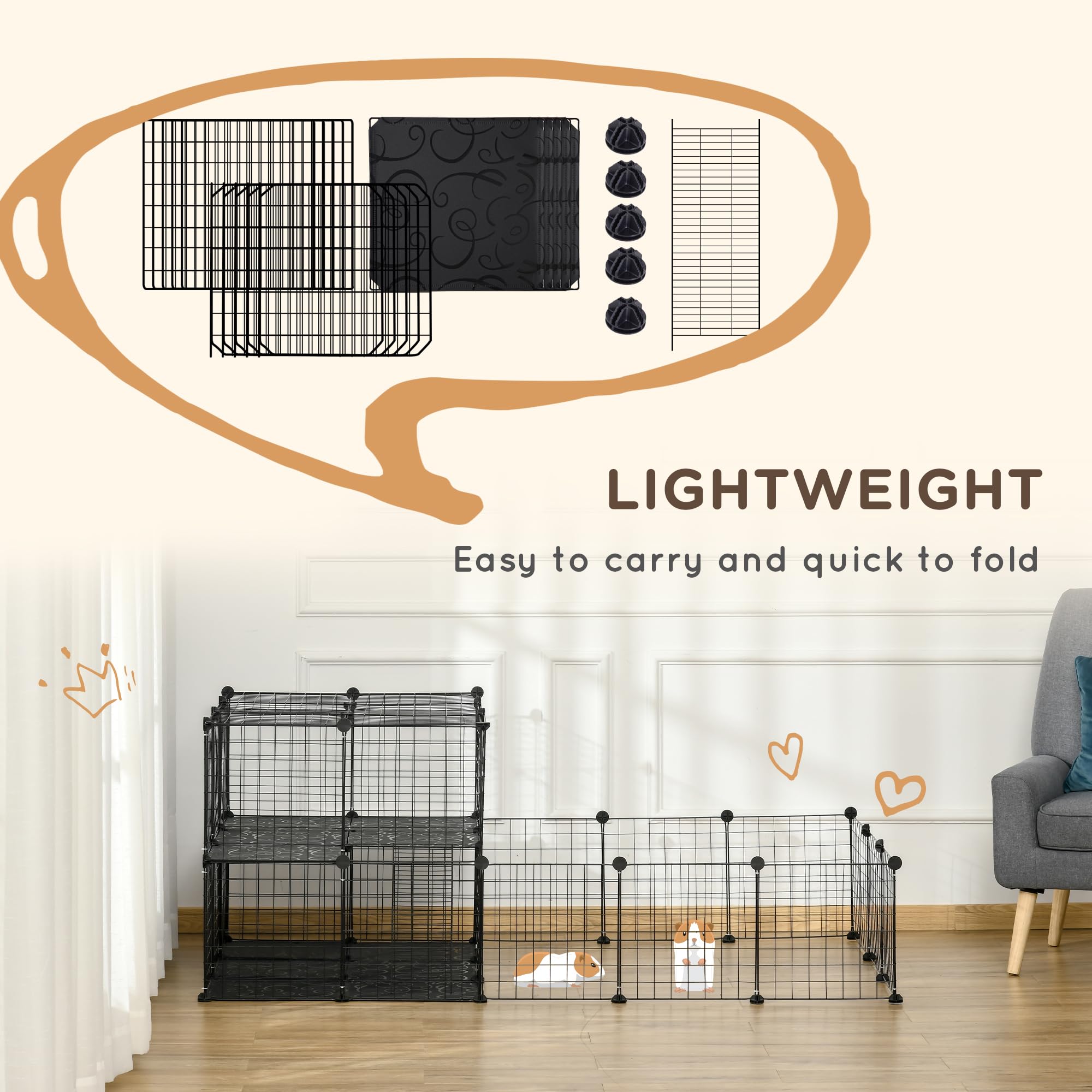 PawHut 47 Panels Pet Playpen, Small Animal Playpen with Doors, Portable Metal Wire Yard Bunny Pen for Guinea Pigs, Chinchillas, 14" x 14"