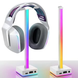 EZDIY-FAB USB LED Light Bar Headphones Stand, Desktop Atmosphere RGB Backlight,50 Built-in Color Modes, Headphone Holder for Gamers Gaming PC PS5 Accessories Desk- White- 1 Pack