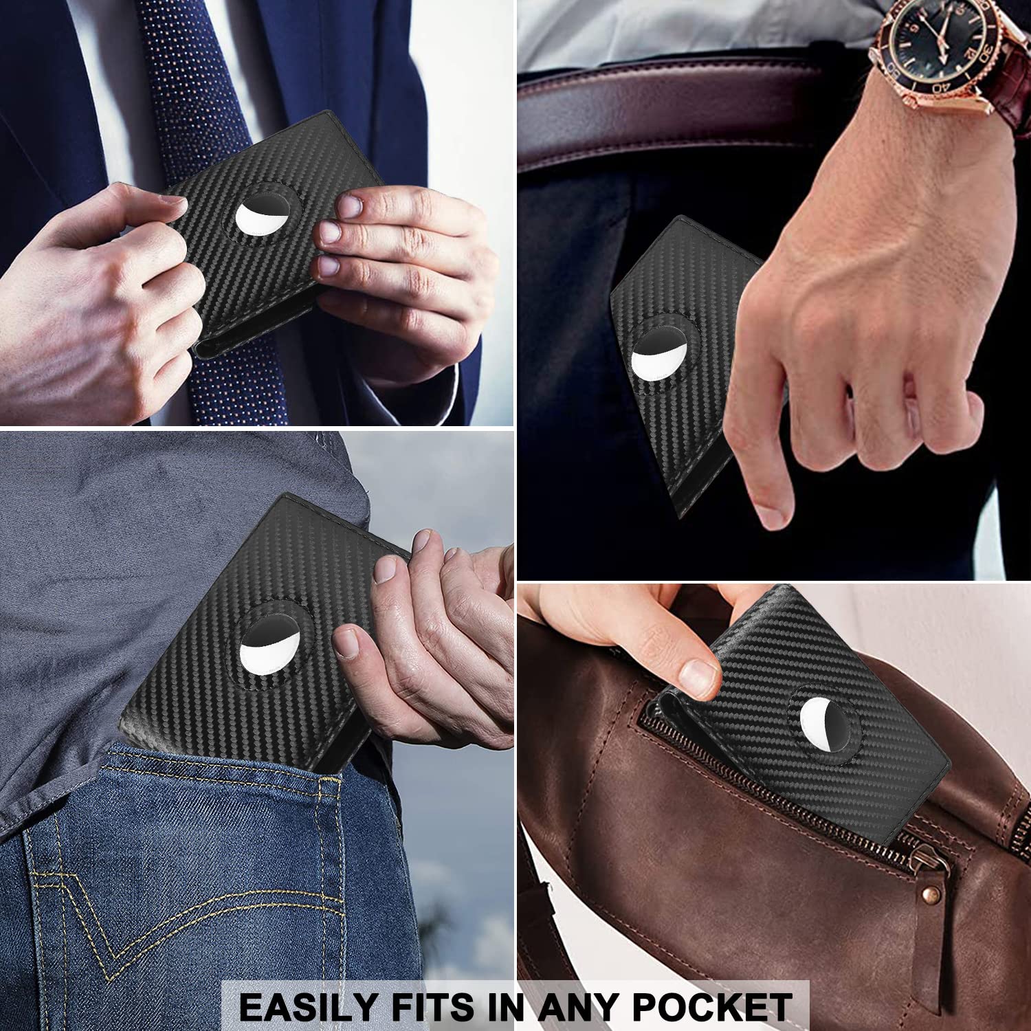 Huztencor AirTag Wallet Minimalist Front Pocket Mens Wallet for Apple Air Tag Carbon Fiber Black