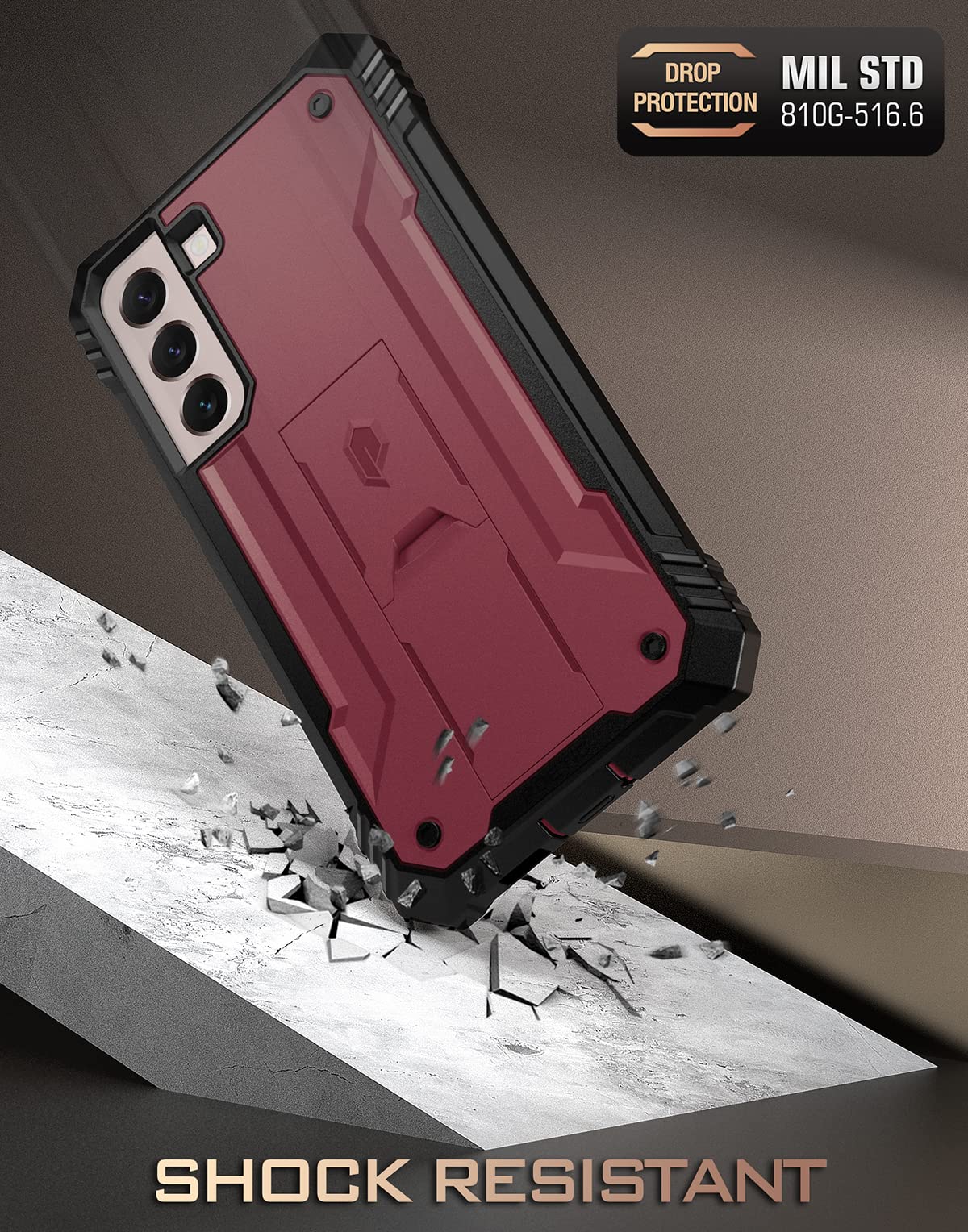 Poetic Revolution Case for Samsung Galaxy S22 5G 6.1 inch, Built-in Screen Protector Work with Fingerprint ID, Full Body Rugged Shockproof Protective Cover Case with Kickstand, Maroon Red