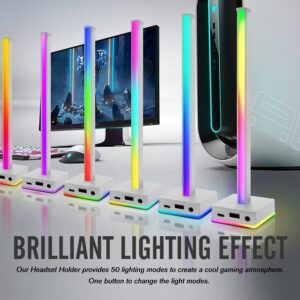 EZDIY-FAB USB LED Light Bar Headphones Stand, Desktop Atmosphere RGB Backlight,50 Built-in Color Modes, Headphone Holder for Gamers Gaming PC PS5 Accessories Desk- White- 1 Pack