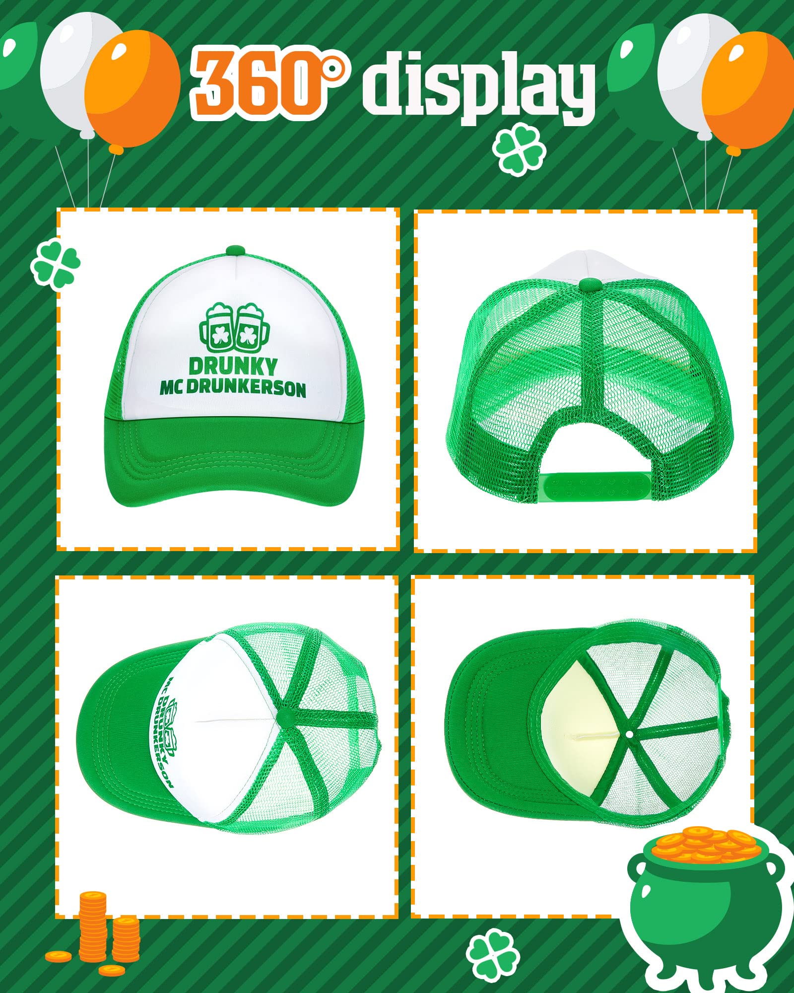 St. Patrick's Day Trucker Hat 2 Pieces Irish Green Mesh Cap Shamrock Hat Saint Patrick's Day Accessories Four-Leaf Clover Baseball Cap