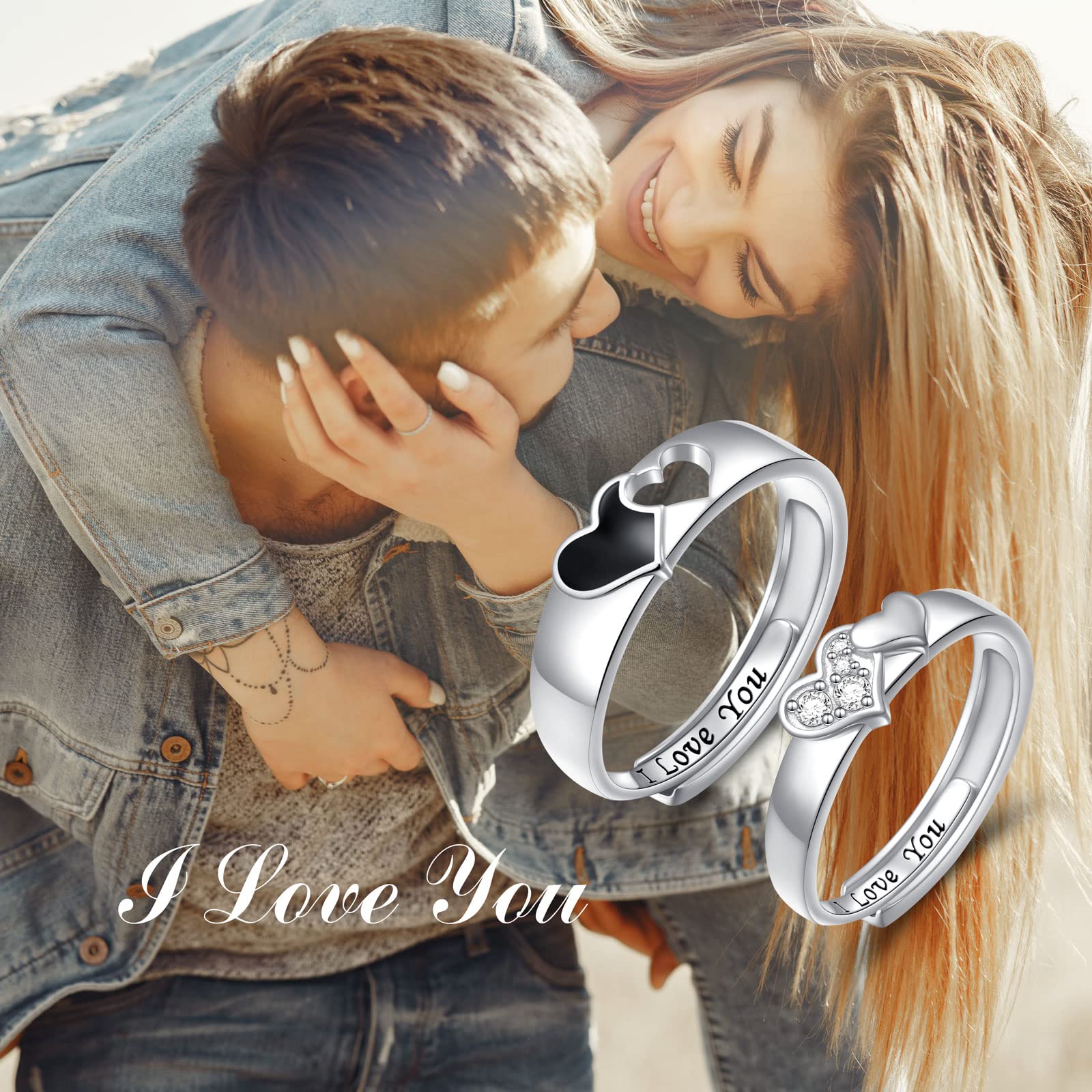 Promise Rings for Couples Matching Rings Sets 925 Sterling Silver I Love You Engagement Ring for Her and Him Wedding Band Adjustable Couple Rings for 2 Women Size 68 Men Size 911, Precious Metal,