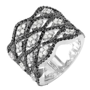 dazzlingrock collection 2.00 carat (ctw) round black & white diamond wavy marquise shape cluster cocktail right hand ring 2 ct for women | 18k white gold, size 8.5