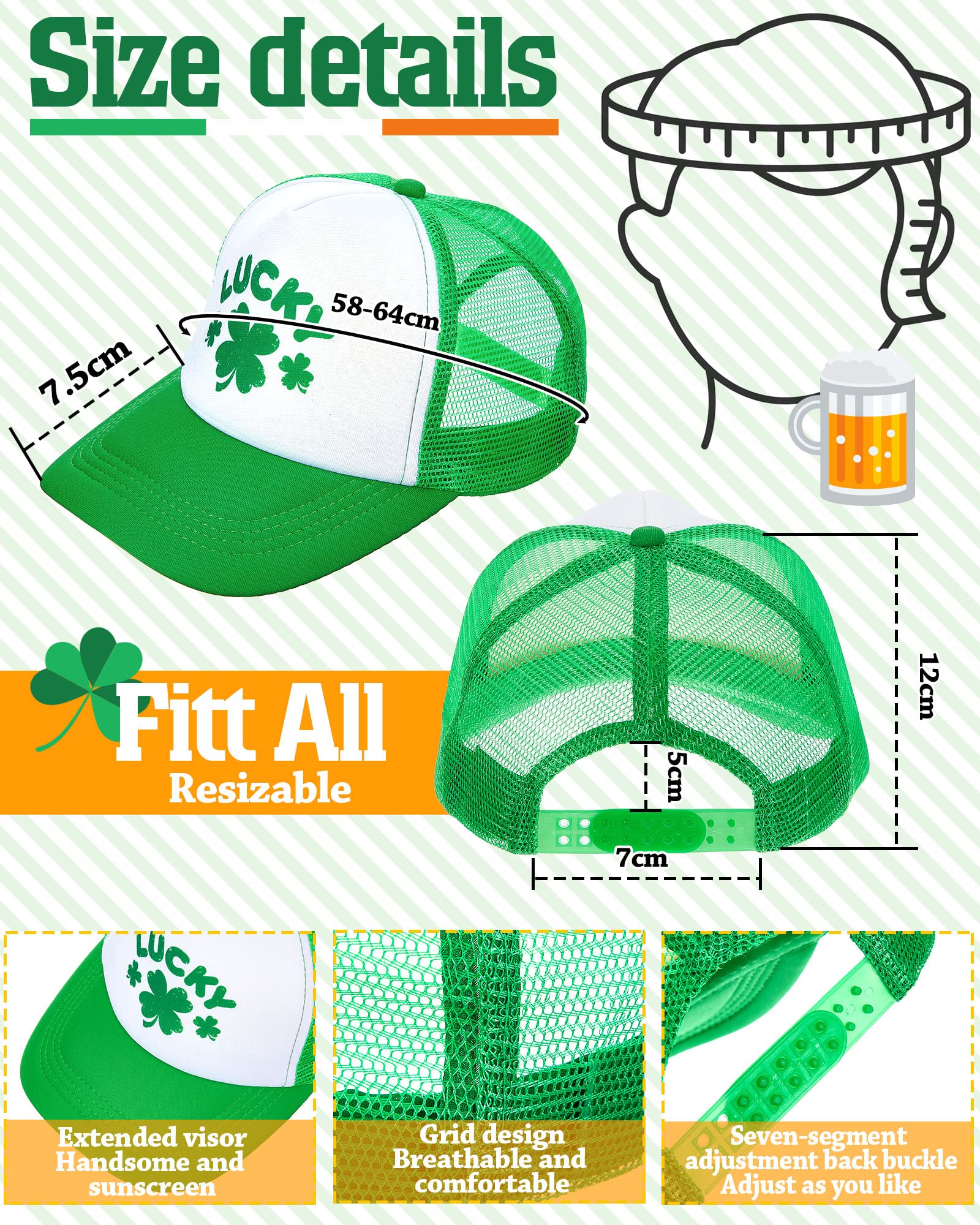 St. Patrick's Day Trucker Hat 2 Pieces Irish Green Mesh Cap Shamrock Hat Saint Patrick's Day Accessories Four-Leaf Clover Baseball Cap