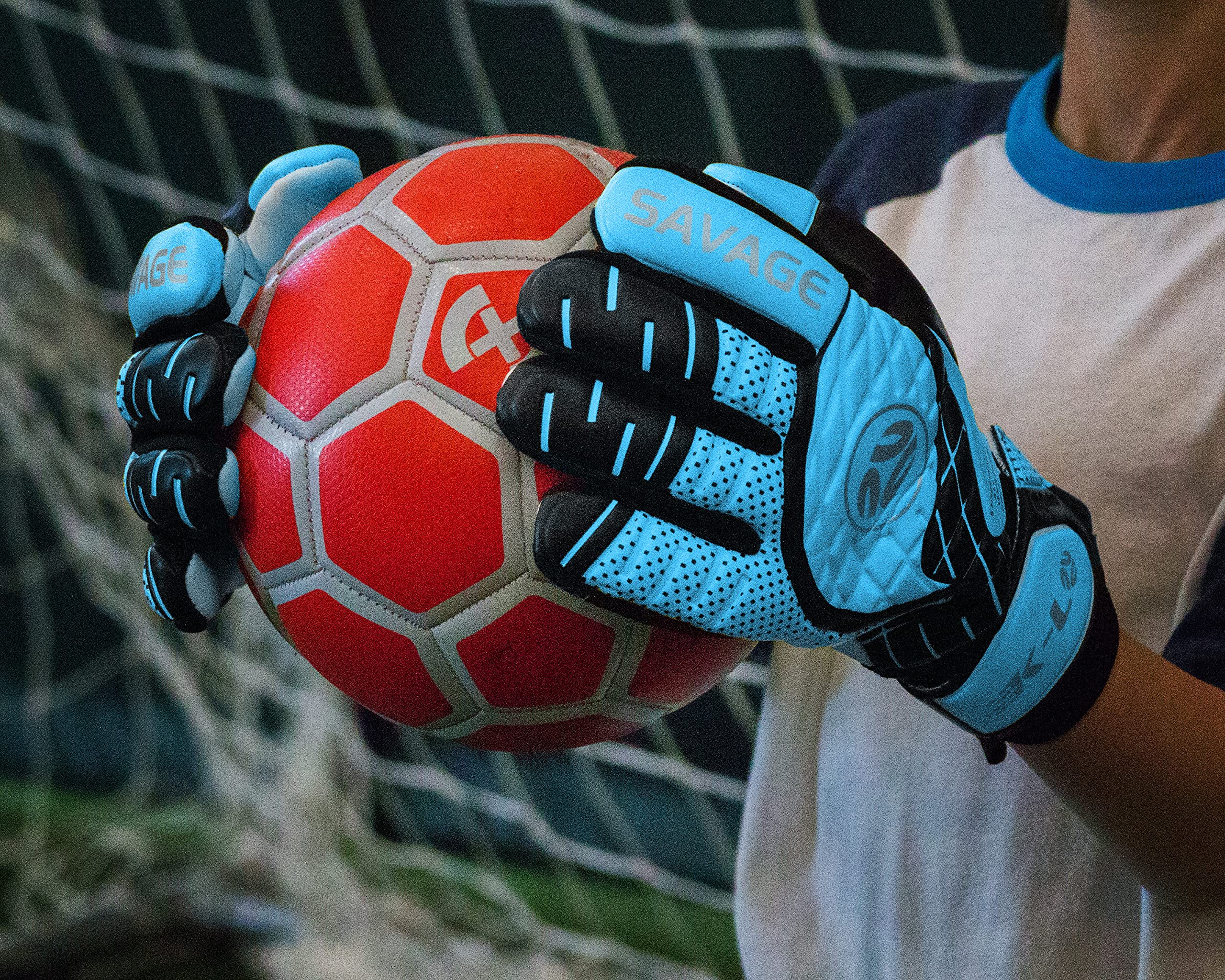 K-LO Goalkeeper Gloves: Savage Rise Soccer Goalie Gloves - Blue Size 8 (Unisex, Youth, Kids & Adult) - Fingersaves for Protection | Strong Grip Palm