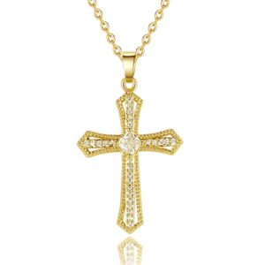 se7en cross necklace for women - 14k gold plated dainty necklace cross pendant with diamonds, vintage gold necklaces for women & men trendy gift