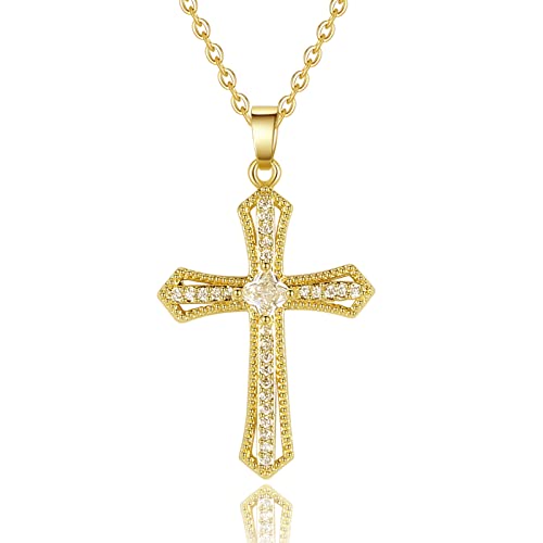 SE7EN Cross Necklace for Women - 14K Gold Plated Dainty Necklace Cross Pendant with Diamonds, Vintage Gold Necklaces for Women & Men Trendy Gift