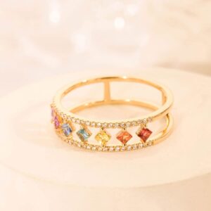 14K Gold Plated Multicolor Rainbow Colorful Chakra Square Cubic Zirconia Finger Ring for Women Anniversary Birthday Jewelry Gift-6