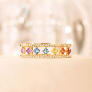 14K Gold Plated Multicolor Rainbow Colorful Chakra Square Cubic Zirconia Finger Ring for Women Anniversary Birthday Jewelry Gift-6