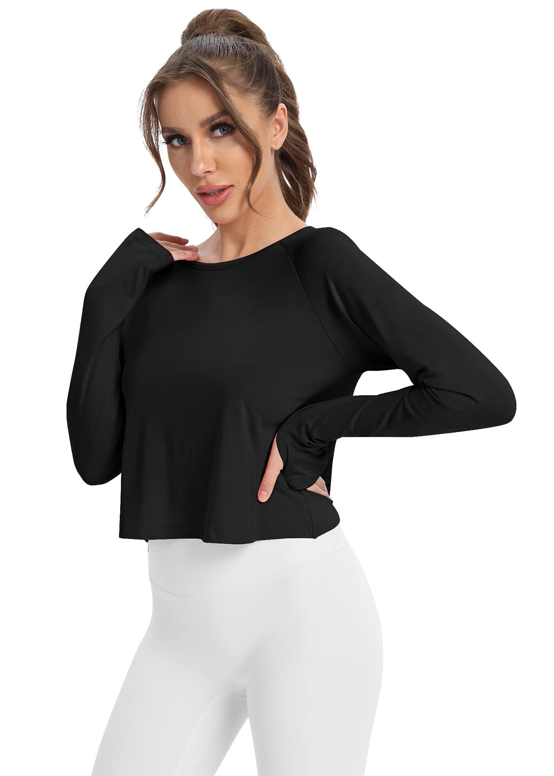 Mippo Womens Long Sleeve Workout Tops Yoga Shirts Athletic Gym Wear Cute Work Out Clothes Backless Shirts Cropped Workout Top Womens Activewear Tops for Women Black XL