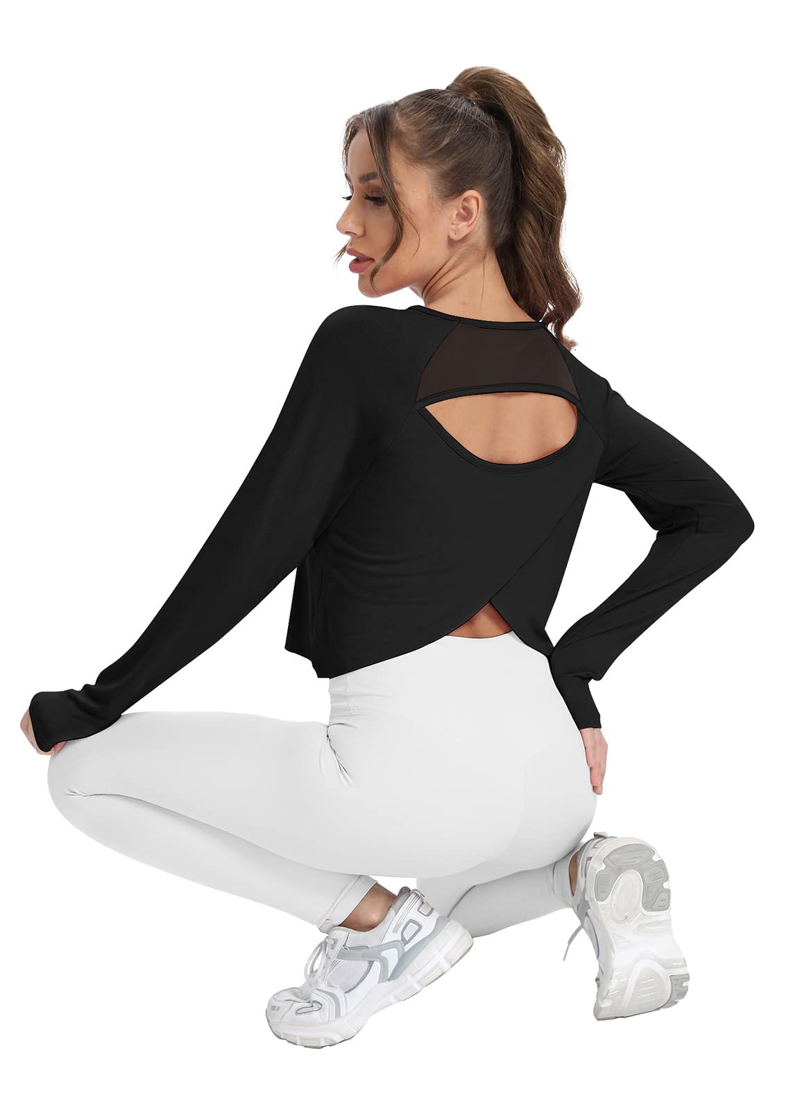 Mippo Womens Long Sleeve Workout Tops Yoga Shirts Athletic Gym Wear Cute Work Out Clothes Backless Shirts Cropped Workout Top Womens Activewear Tops for Women Black XL