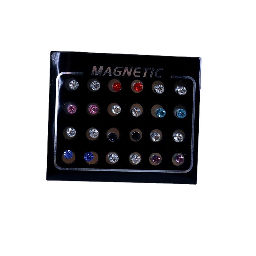 24Pcs Crystal Magnetic Stud Earrings Stainless Steel Cubic Zirconia Non Piercing Tragus Magnetic Nose Stud Fake Ear Nose Lip Ring Clip Non Piercing Jewelry for Women Men-3mm color