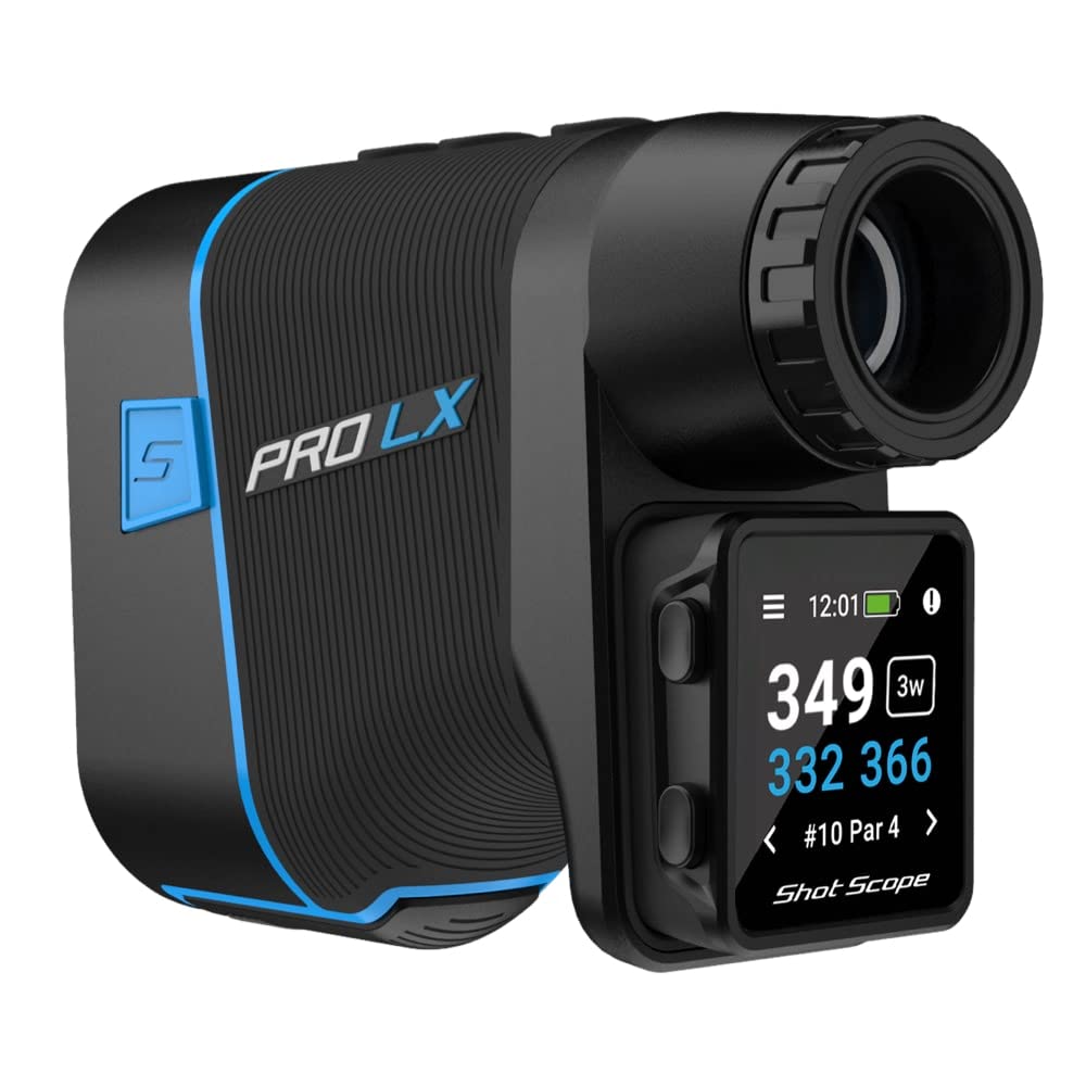 Shot Scope PRO LX+ Laser Rangefinder with Shot Tracking (Blue) - F/M/B Green and Hazard Distances - 100+ Statistics Including Strokes Gained - Adaptive Slope Technology - Red and Black Dual Optics