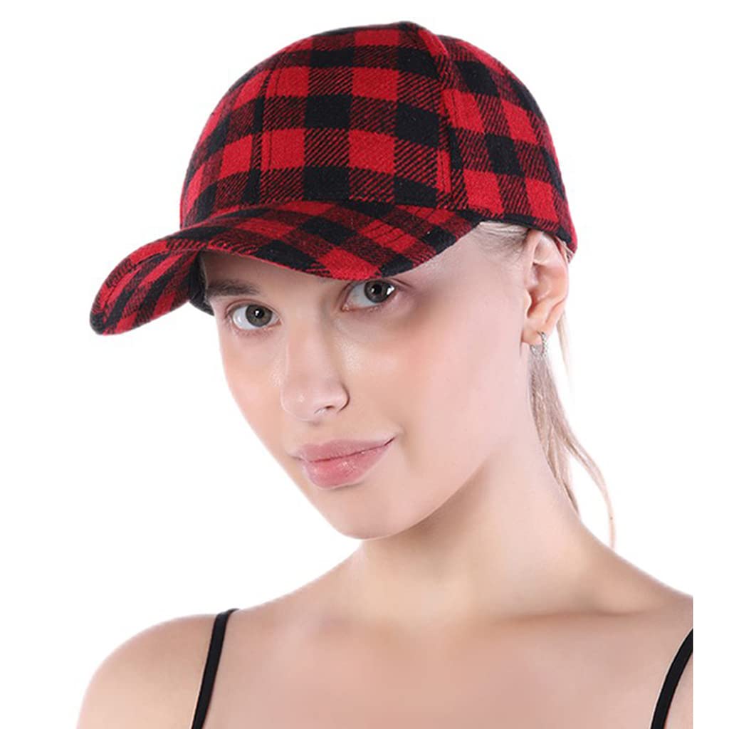 Unisex Buffalo-Plaid Baseball-Hat Red-Black-Check Ball-Cap for Women Men (Medium, Red-Black Plaid)