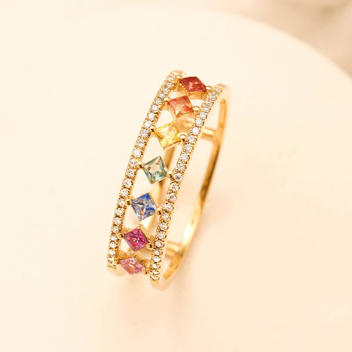 14K Gold Plated Multicolor Rainbow Colorful Chakra Square Cubic Zirconia Finger Ring for Women Anniversary Birthday Jewelry Gift-6