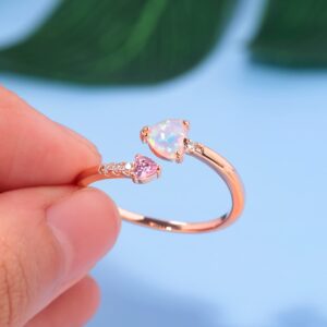 Larsidor 14K Rose Gold Plated Adjustable Heart Opal Ring for Women Ladies Stacking Rings Pink Fire Opal Jewelry