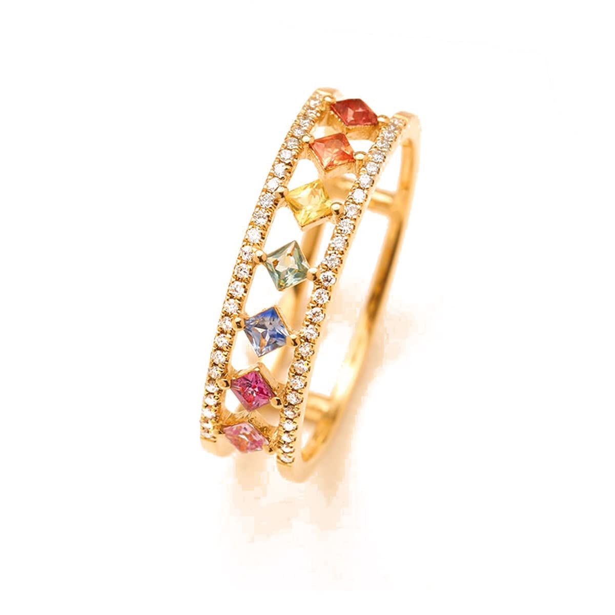 14K Gold Plated Multicolor Rainbow Colorful Chakra Square Cubic Zirconia Finger Ring for Women Anniversary Birthday Jewelry Gift-6