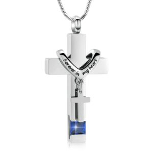 Forever in My Heart Birthstone Personalized Double Cross Urn Pendant Cremation Jewelry for Ashes Cross Ashes Keepsake (Silver-Blue)