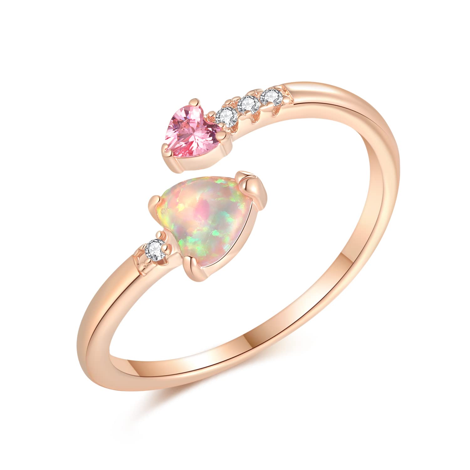 Larsidor 14K Rose Gold Plated Adjustable Heart Opal Ring for Women Ladies Stacking Rings Pink Fire Opal Jewelry