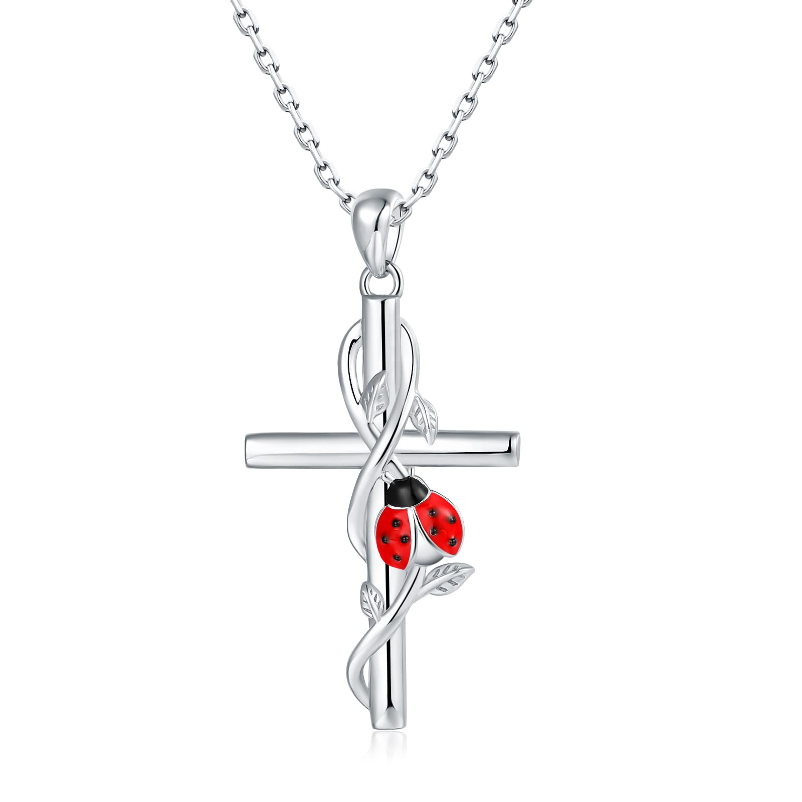 925-Sterling-Silver Cross Necklace for Women - Cute Red Ladybug Necklaces Religious Pendant Hypoallergenic Ladybug Jewelry Birthday Christmas Gift for Teen Daughter Mother (Ladybug Cross Necklace)