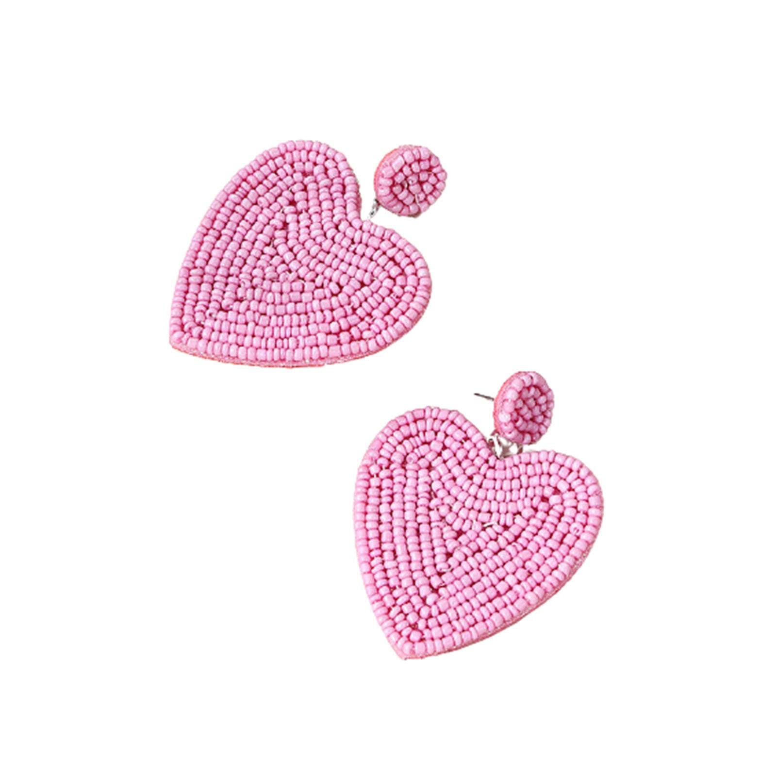 Beaded Dangle Earrings Handmade Heart-shaped Seed Beads Drop Earring for Women Holiday Birthday Valentine’s Day Gifts-pink