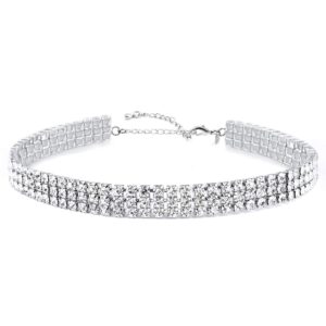 zealmer 3 row rhinestone choker necklace for women white gold plated, 12.4 inch