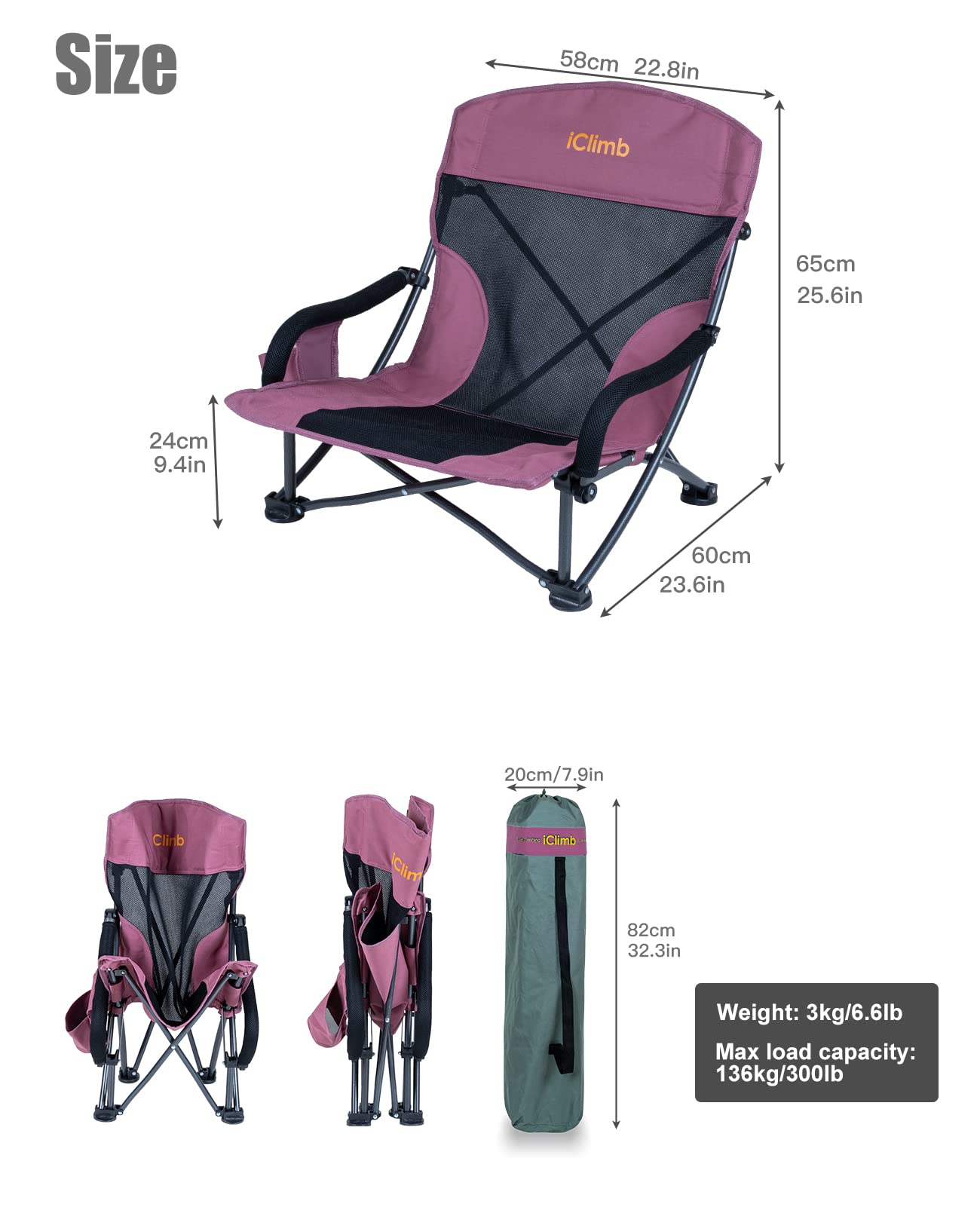 iClimb Low Wide Beach Camping Folding Chair with Side Pocket and Carry Bag (1, Dry Rose)