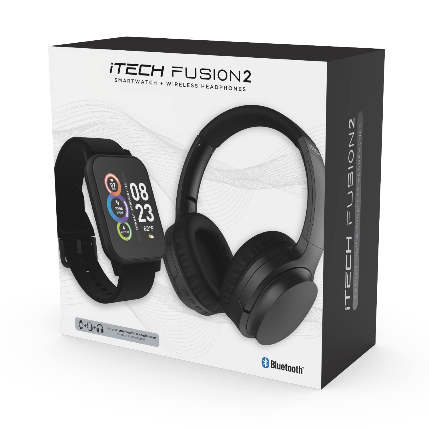 Itech Fusion 2 S Smartwatch with Wireless Headphones, Heart Rate, Step Counter, Sleep Monitor, Message, IP67 Water Resistant Unisex, Touch Screen, Compatible with iPhone and Android (Black)