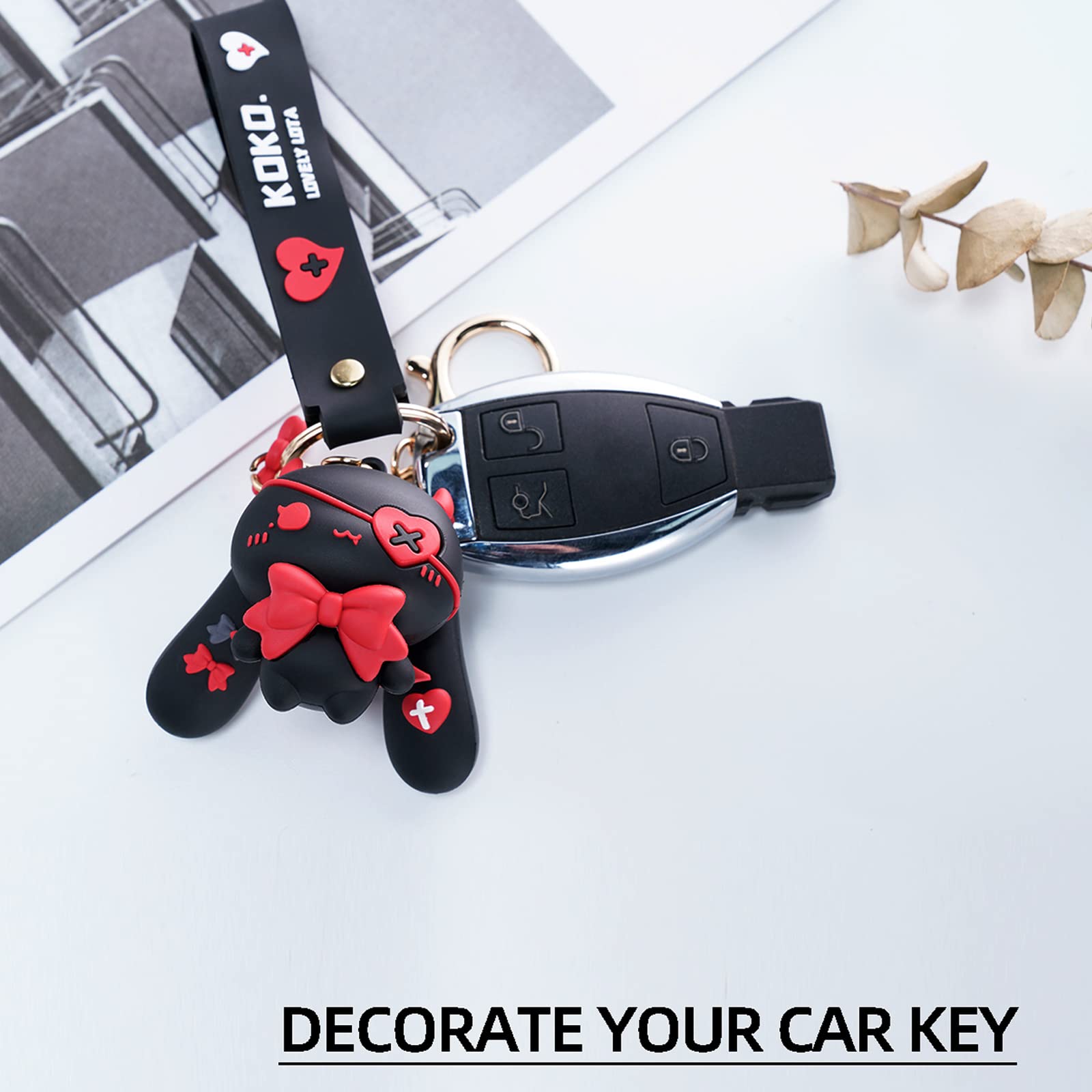 YOU WIZV Anime Keychain, Rabbit Keychain, Cartoon Car Keychain for Women, Purse Charms for Handbags, Lolita Bag Pendant with Key Ring for Demon-Rabbit, Lovers Best Friend Gift (black&red)