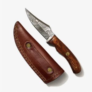 titan international knives damascus hunting and skinner knife | handmade 1095 4340 carbon mix hand pounded | rosewood handle fixed blade perfect for hunting and outdoor camping with leather sheath