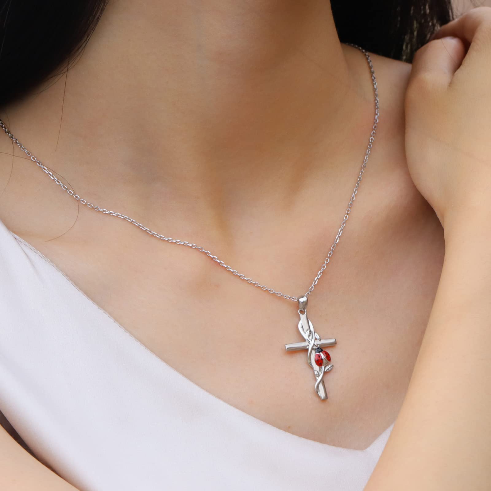 925-Sterling-Silver Cross Necklace for Women - Cute Red Ladybug Necklaces Religious Pendant Hypoallergenic Ladybug Jewelry Birthday Christmas Gift for Teen Daughter Mother (Ladybug Cross Necklace)