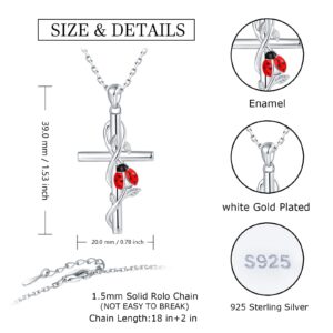 925-Sterling-Silver Cross Necklace for Women - Cute Red Ladybug Necklaces Religious Pendant Hypoallergenic Ladybug Jewelry Birthday Christmas Gift for Teen Daughter Mother (Ladybug Cross Necklace)