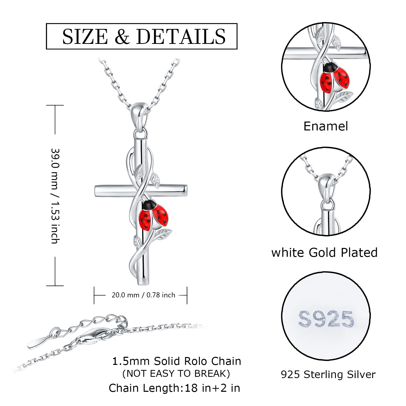 925-Sterling-Silver Cross Necklace for Women - Cute Red Ladybug Necklaces Religious Pendant Hypoallergenic Ladybug Jewelry Birthday Christmas Gift for Teen Daughter Mother (Ladybug Cross Necklace)